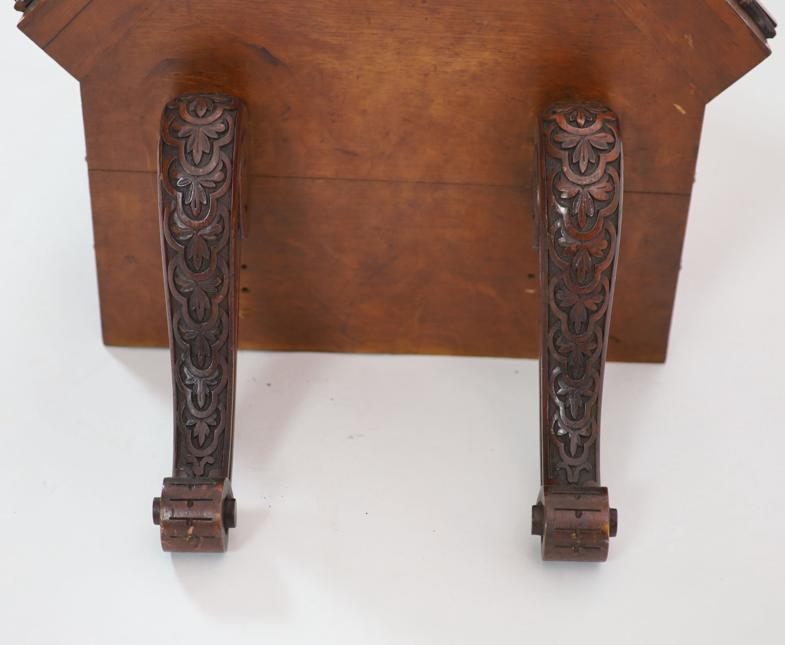 A Victorian golden oak Gothic design chiming bracket clock by Gillett & Bland, Steam Clock Factory, Croyden H 74cm. W 48cm. D 31cm.